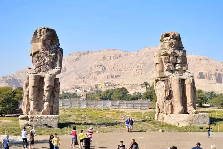 Colossi of Memnon statues in Luxor West Bank, stop on guided full-day semi private tour from Marsa Alam