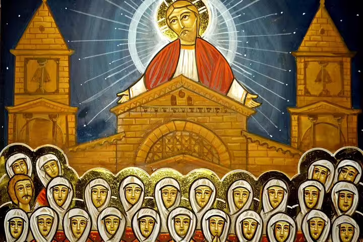 Coptic icon mural of Christ above church façade, a highlight of Coptic Cairo tour from Cairo Citadel