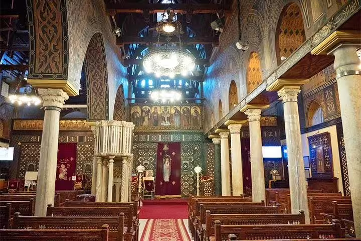 Ornate Coptic Cairo church interior with icons and arches on Egyptian Museum, Citadel and Nile dinner cruise tour