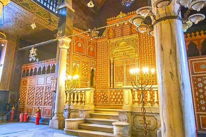 Ornate synagogue interior in Coptic Cairo, a highlight on Cairo Citadel and Nile dinner cruise tour