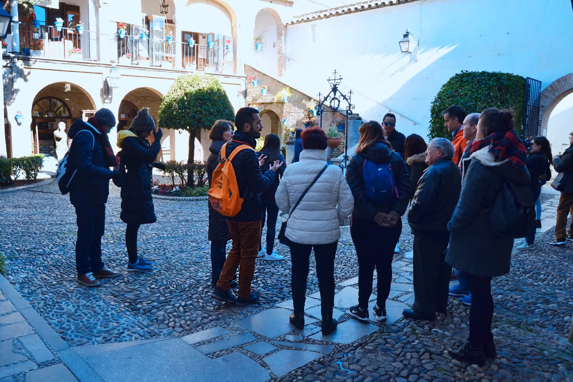 Tourists explore a charming courtyard in Córdoba, part of a guided walking tour with historical insights and local culture.