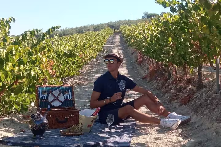Traveler enjoying a picnic with wine in a scenic Cordoba vineyard under the sun with a convertible car tour.