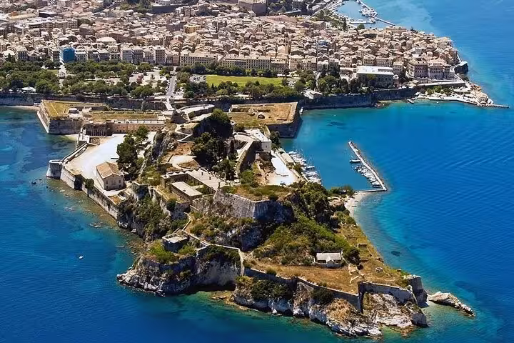 Aerial view of Corfu Old Fortress and coastline, ideal for Corfu airport or port private transfer service