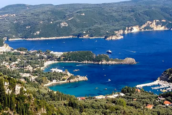 Panoramic Corfu coastline and bays with boats, Greece, classic viewpoint on Best of Corfu private tour