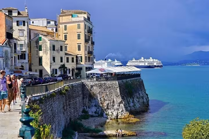 Corfu Old Town waterfront near cruise port, ideal pickup point for private transfer to airport or hotel in Corfu