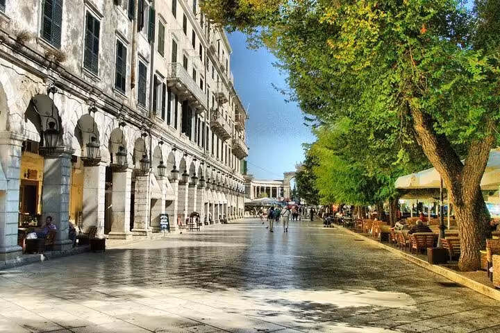 Corfu Town Liston promenade with arcades and cafes, a highlight stop on a Corfu private day tour