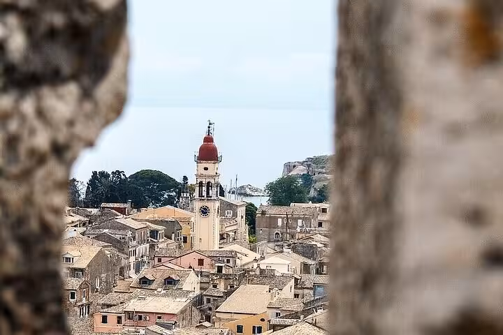 View of Old Corfu Town rooftops and bell tower, a highlight of a private walking guided tour in Corfu