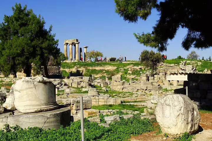 Scenic view of Corinth archaeological site with ancient columns, part of Greece's 6-day private tour.