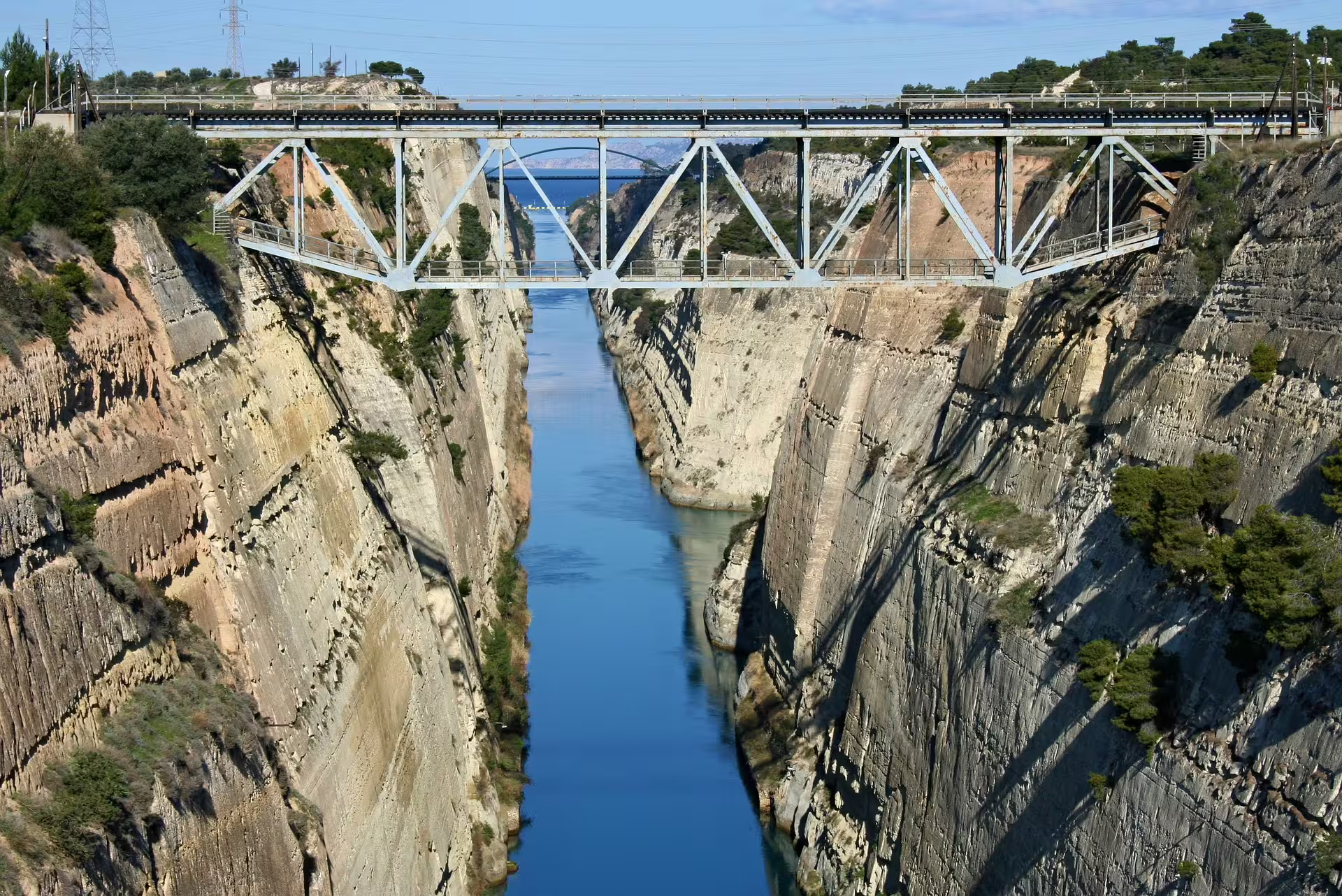 Corinth Canal bridge view on private day tour from Athens to Nafplio, Mycenae and Epidaurus