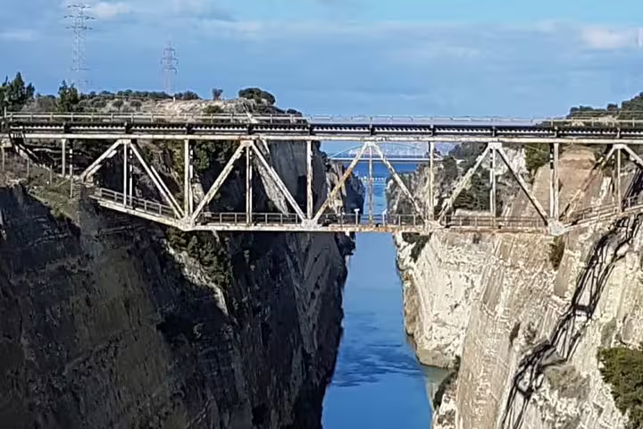 Corinth Canal bridge view on the Ancient Corinth half day tour, scenic stop between Athens and Corinth ruins