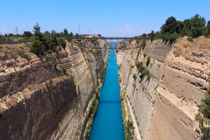 Corinth Canal viewpoint stop on a private Athens to Nafplio day tour, showing the dramatic turquoise waterway below