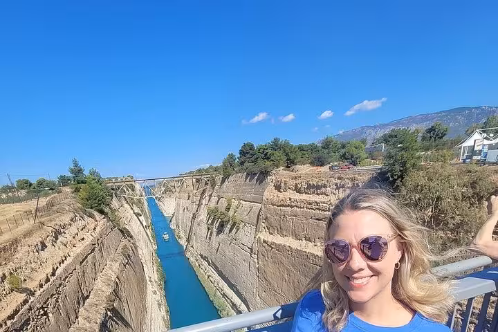 Traveler at Corinth Canal viewpoint on St Paul’s Footsteps biblical tour, Letters to the Corinthians 6-hour