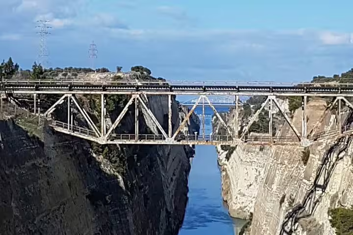 Steel bridge spanning the Corinth Canal gorge, a popular photo stop on an Olympia full day tour in Greece