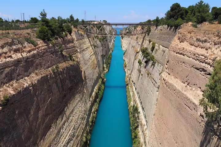 Corinth Canal viewpoint on a private day trip from Athens, turquoise water gorge and bridge above