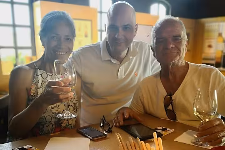 Guests raising wine glasses during Corinth Canal day trip from Athens, featuring winery tasting and local pottery