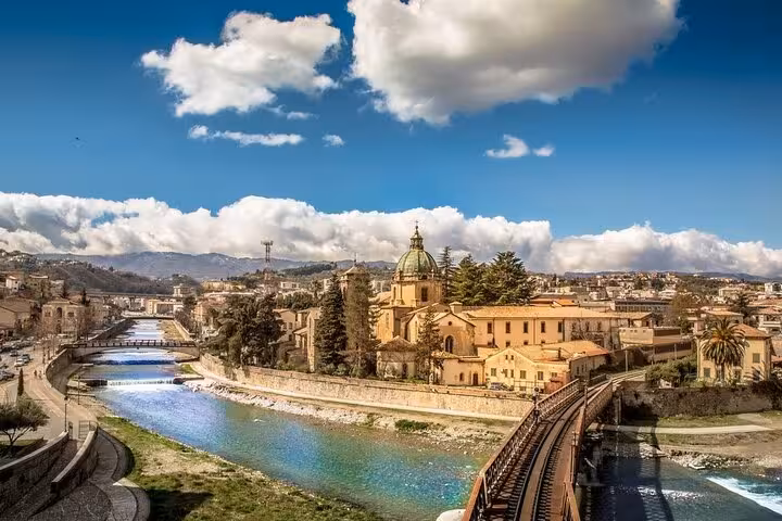 Panoramic view of Cosenza old town and Crati River, ideal for a private art and food walking tour in Calabria