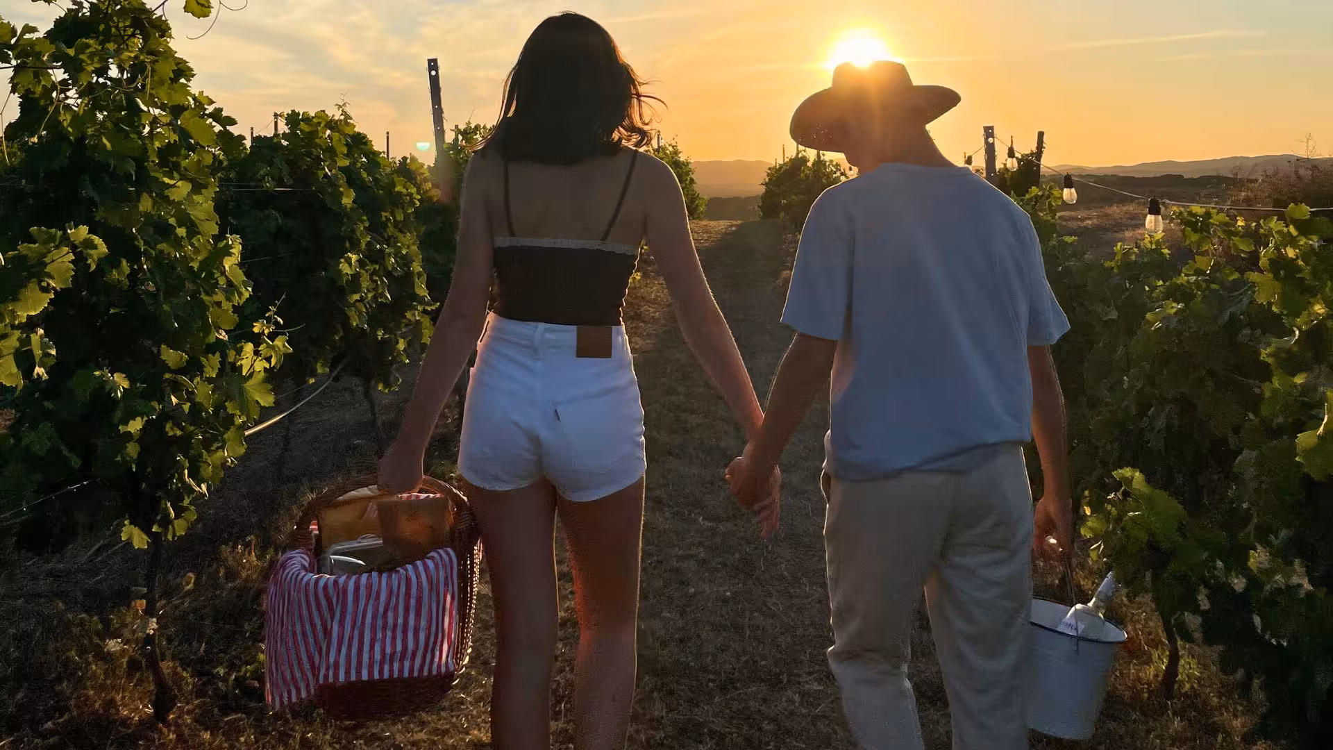 Couple walking hand in hand through a Gallura vineyard at sunset, carrying a picnic basket and wine bucket.
