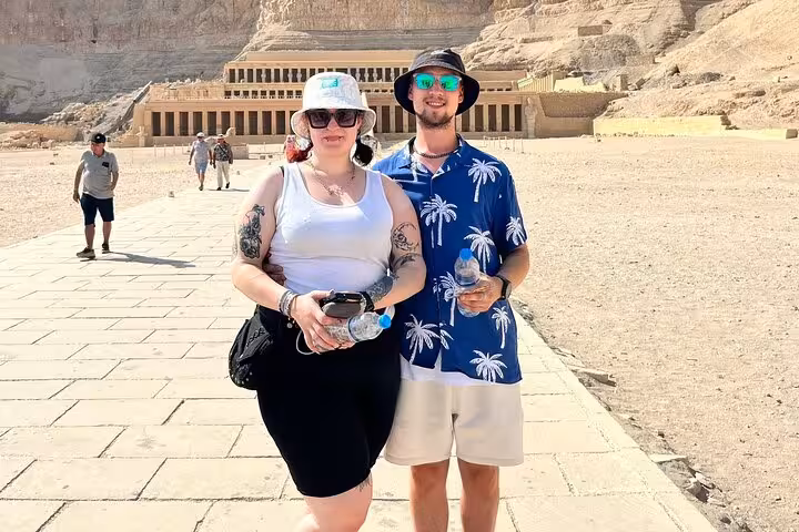 Couple at Hatshepsut Temple, Luxor excursion from Marsa Alam with Valley of the Kings and Karnak Temples