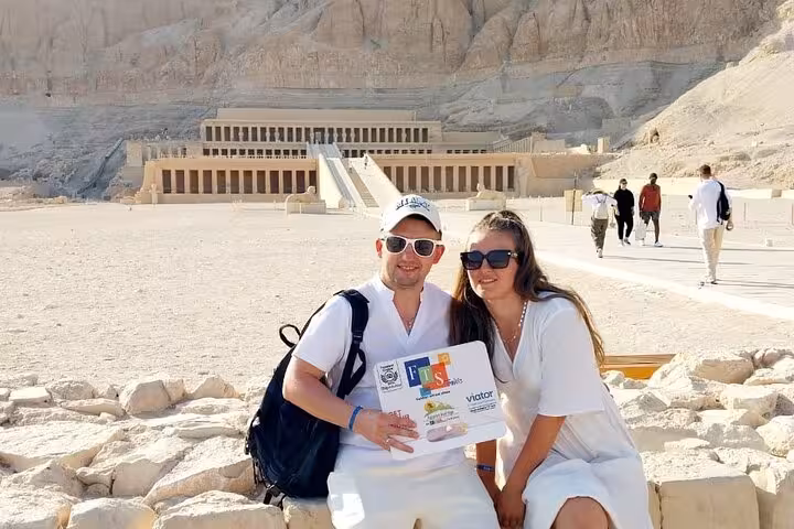 Couple at Hatshepsut Temple in Luxor on Sharm El Sheikh day trip by plane to Tutankhamun tomb