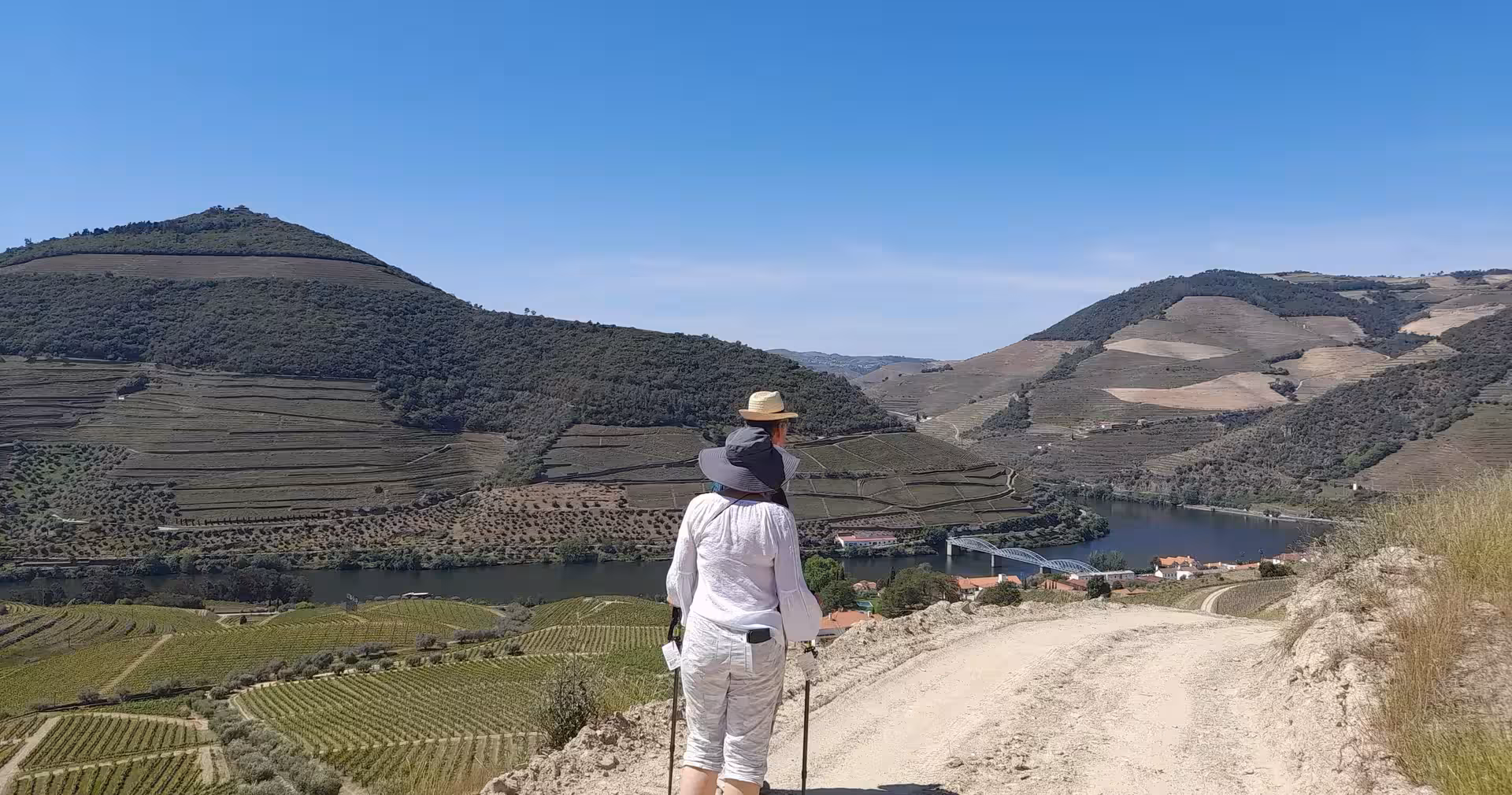 Couple hiking with poles overlooking Douro River and terraced vineyards on Braga small-group hike and wine tour