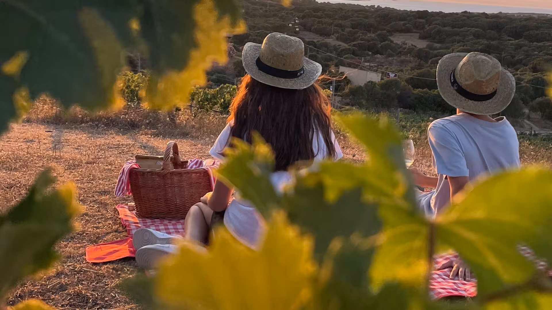 Couple with hats enjoying a scenic picnic overlooking vineyards in Gallura, Palau, with a wicker basket nearby.