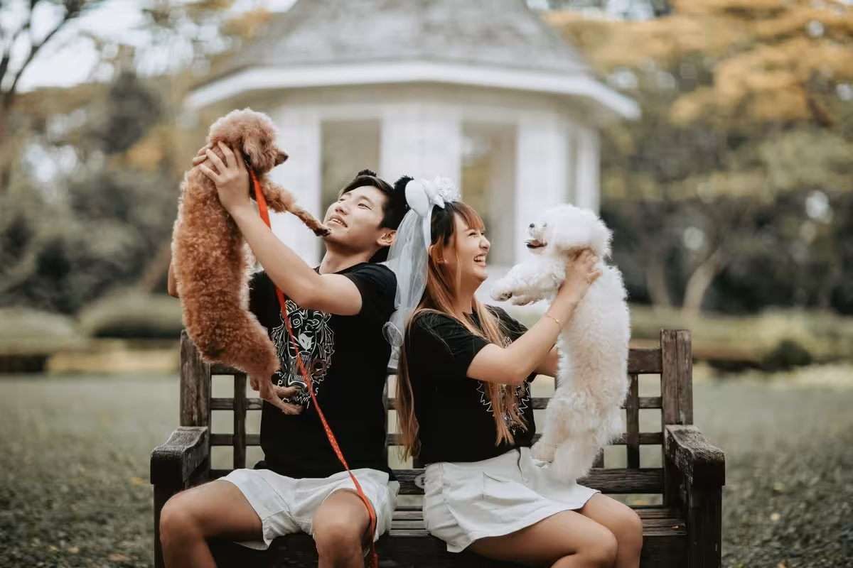 Couple with poodles enjoying a private photoshoot in Singapore's lush garden setting.