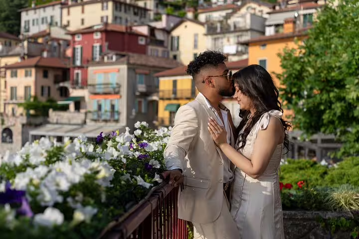 Romantic couple portrait in colorful Lake Como village, taken on a private tour with personal travel photographer