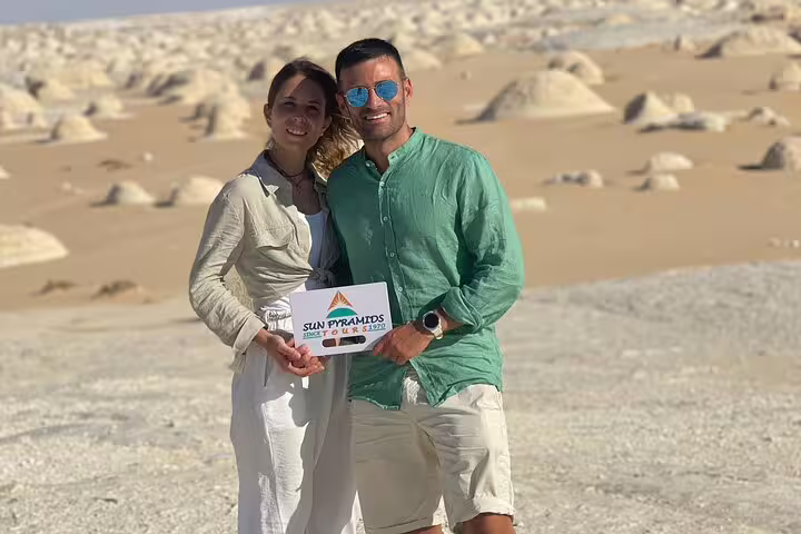 Couple posing in Egypt White Desert on a Private Day Tour to White Desert and Bahariya Oasis from Cairo