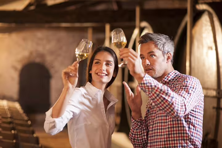 Couple enjoying wine tasting in a rustic Frascati vineyard cellar, part of a private day trip with lunch included.