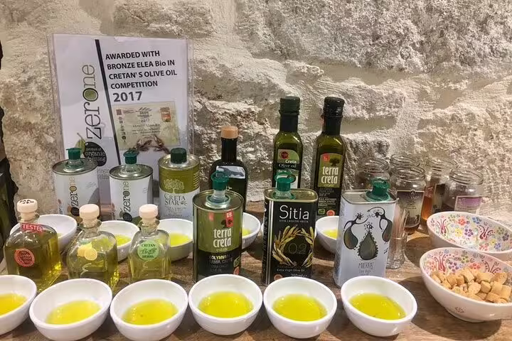 Variety of award-winning Cretan olive oils on display at Chania Old Town tasting event.