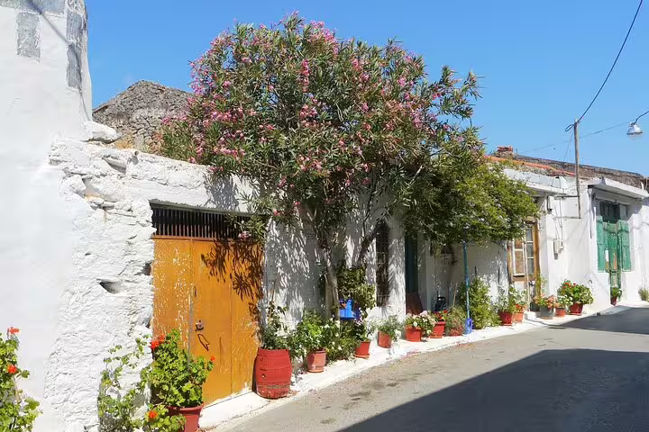 Picturesque street in a Cretan village featuring whitewashed walls, vibrant flowers, and lush greenery under a clear sky.