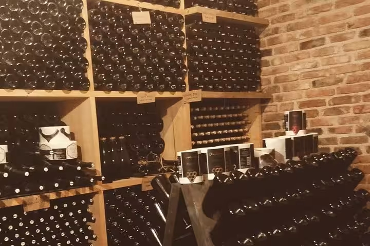 Wine cellar racks with Croatian bottles, stop for wine tasting on From Zagreb fairytale castle tour with lunch