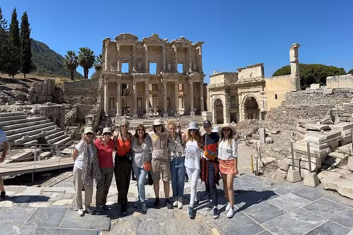 Cruise passengers group at Library of Celsus, Ephesus ruins on private Ephesus and Sirince tour