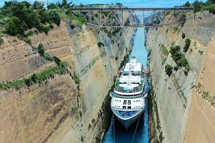 Cruise ship passing through the Corinth Canal, a scenic stop on the Nafplio olive oil tasting farm tour