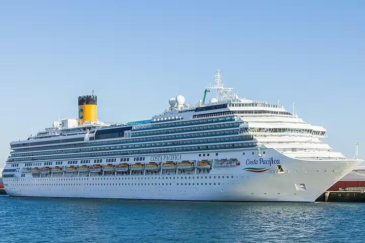 Modern cruise ship docked in port, ideal embarkation for private Pisa and Lucca shore excursion with wine tastings