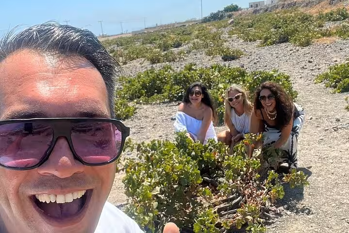 Cruise ship guests smiling during Santorini one-day island tour, exploring volcanic landscape and vineyards