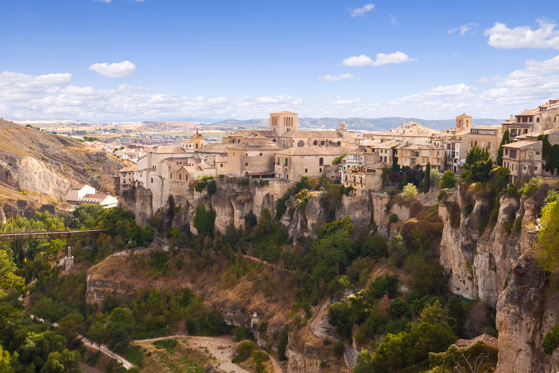 Panoramic view of Cuenca old town and Hanging Houses above the Huécar gorge on a day trip from Madrid