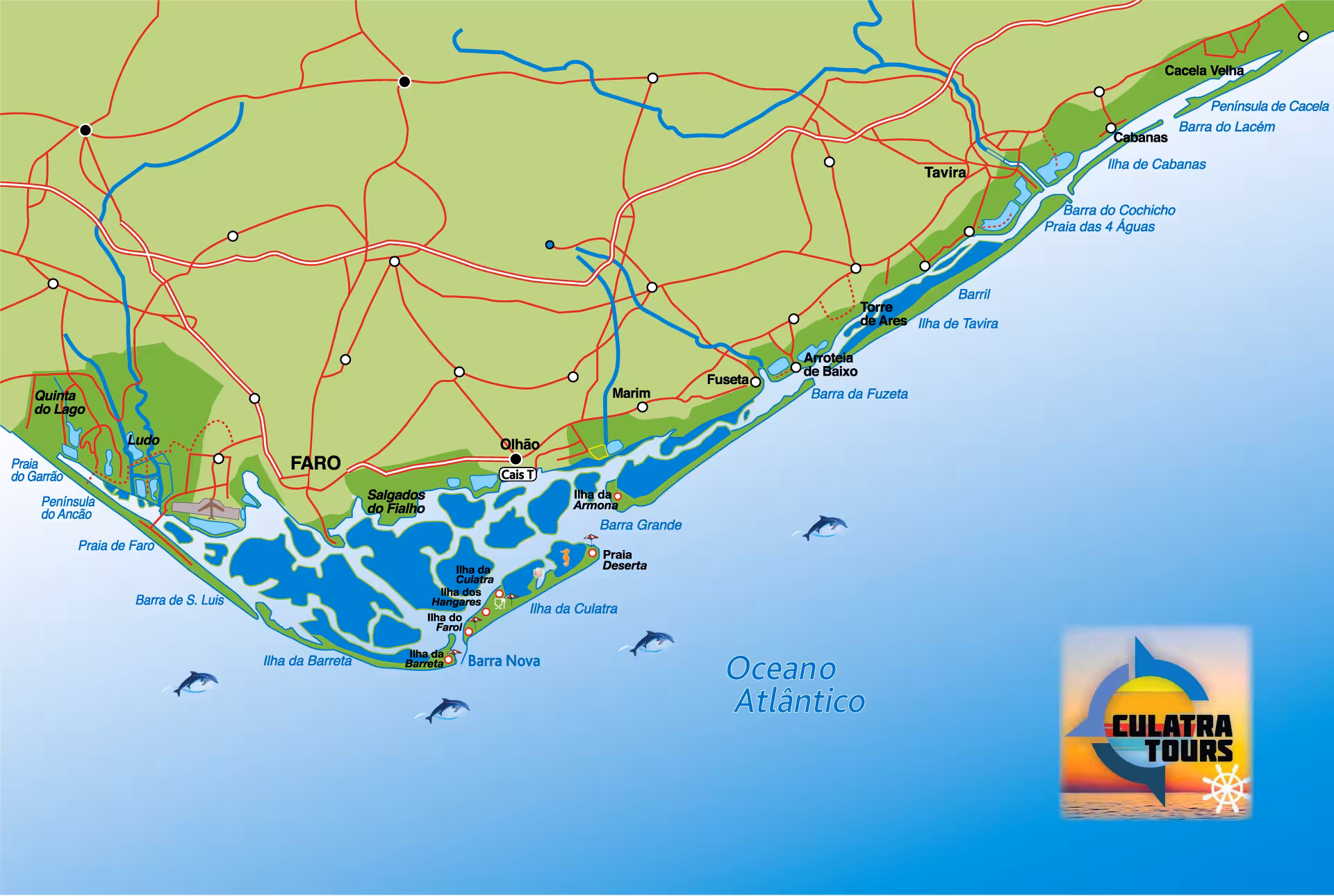 Illustrated map showing Culatra and Armona Islands, Faro, and surrounding areas, ideal for exploring Algarve's scenic coast.