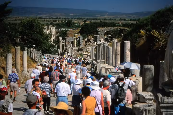 Crowds walking Curetes Street in Ancient Ephesus on private tour from Kusadasi/Ephesus Port