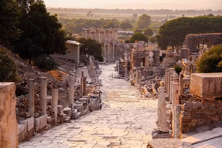 Sunset view of Curetes Street in ancient Ephesus, featured on the 4-day 7 Churches of Revelation tour Turkey