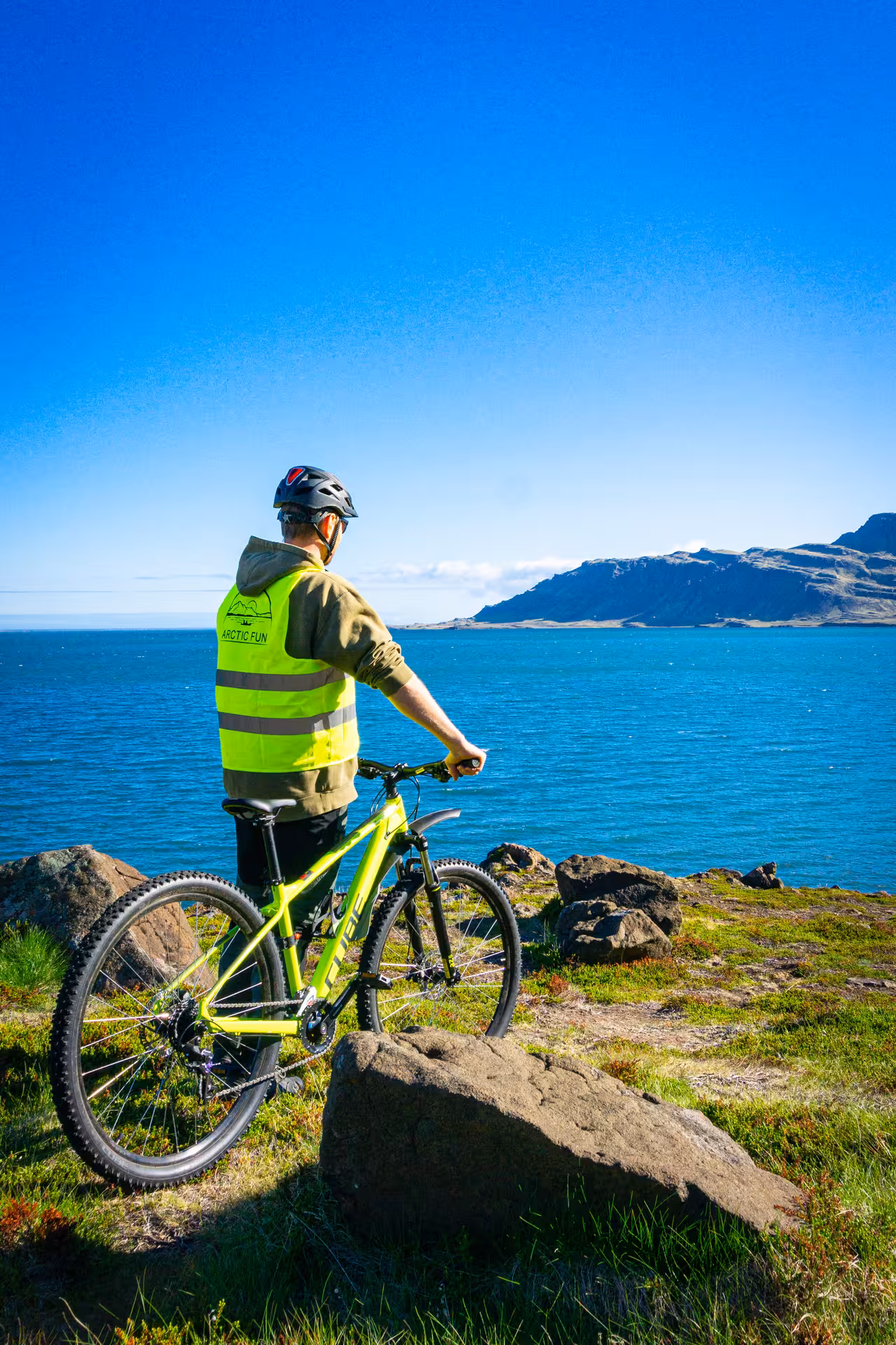 Cyclist overlooking the stunning coastal views of Iceland's East Fjords during a bike tour.