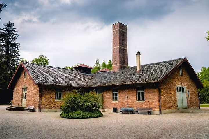 Brick building at Dachau Concentration Camp Memorial, stop on private Munich and Dachau car tour