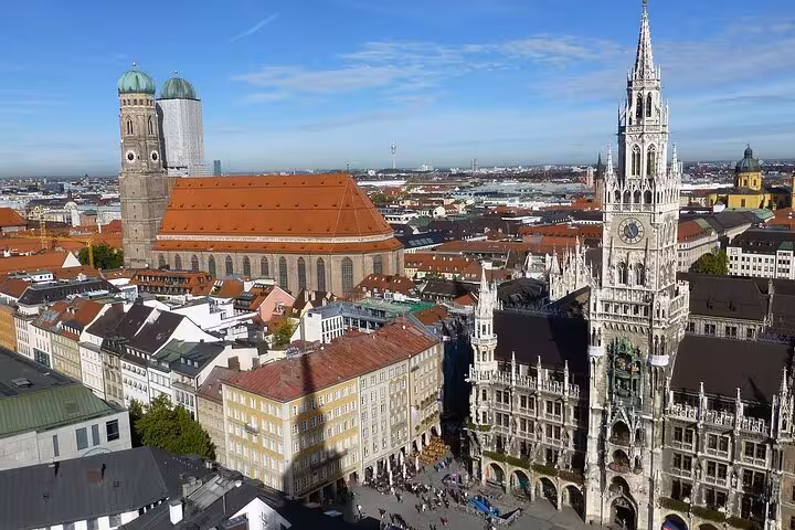 Aerial view of Munich Marienplatz and Frauenkirche, highlights on a private Dachau and Munich car tour