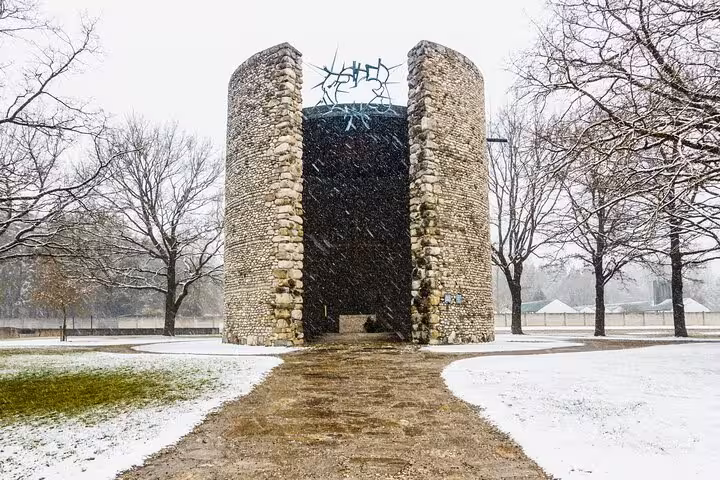 Dachau Concentration Camp Memorial in winter, solemn stop on a guided Dachau and Munich private car tour