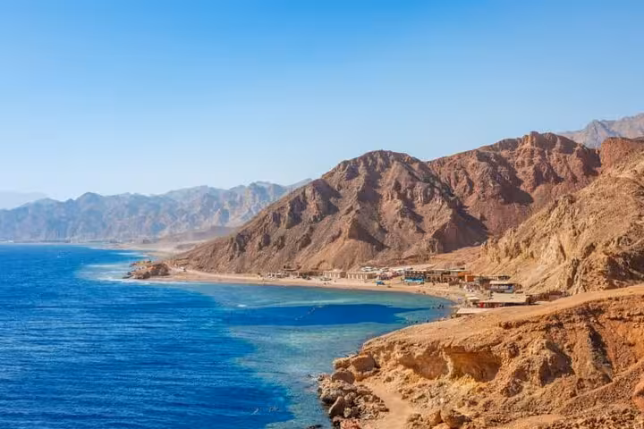 Panoramic Dahab bay and Sinai mountains on the drive to Salama Canyon, Jeep safari from Sharm El Sheikh