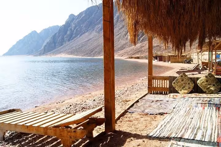 Relaxing Dahab beach camp by the Red Sea, ideal break before snorkeling after Sinai Desert Canyon Salama jeep safari