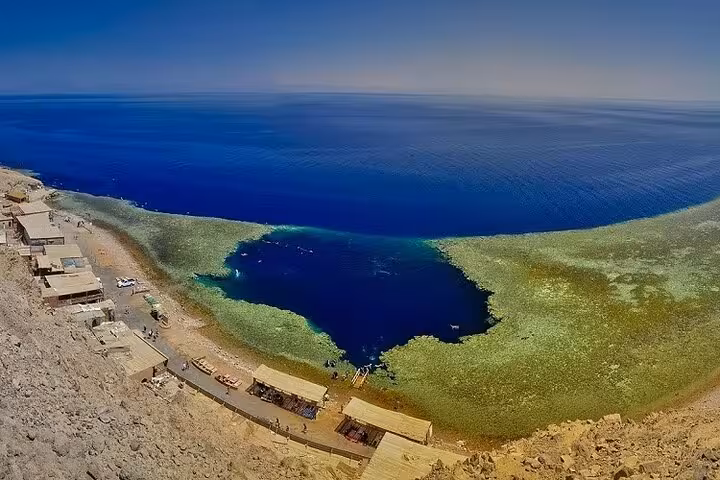 Aerial view of Dahab Blue Hole lagoon for Red Sea snorkeling on a Jeep safari tour from Sharm El Sheikh
