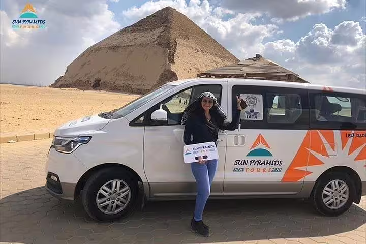 Tour van at Dahshur Bent Pyramid, Egypt, for Dahshur Pyramid and Memphis City day tour from Cairo