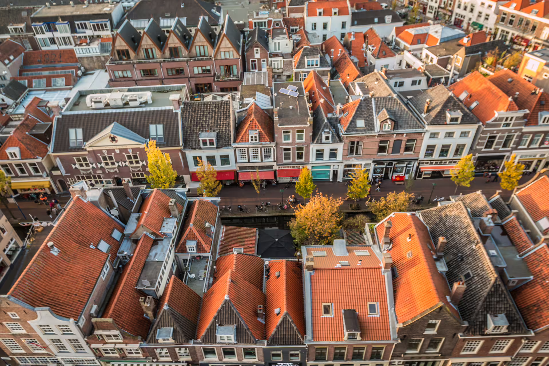 Aerial view of Delft old town rooftops and canal, highlight for Delft in 1 day walking tour audioguide