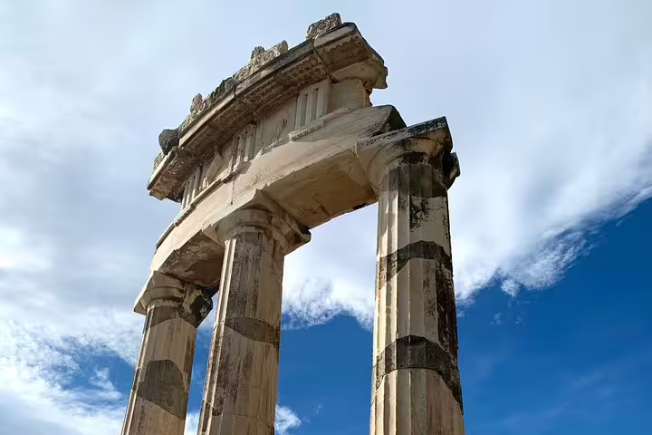 Close-up of ancient marble columns at Delphi, Greece, on a full-day private Oracle site and museum tour